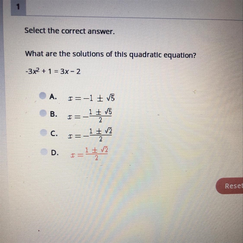 45pts help! what are the solutions of this quadratic equation? -3x^2+1=3x-2-example-1