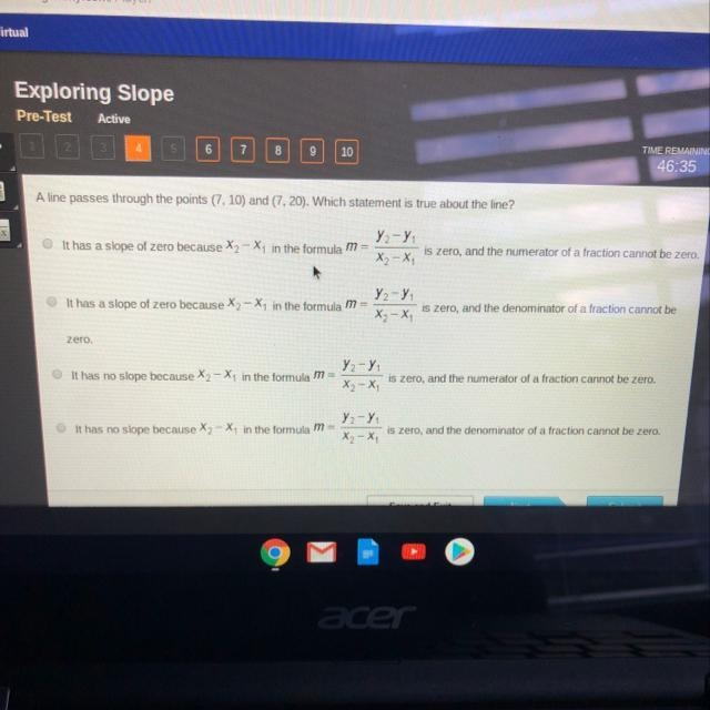 A line passes through the points (7, 10) and (7,20). Which statement is true about-example-1