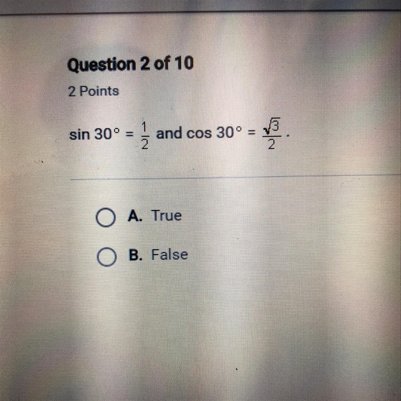 Sin30°=1/2 and cos30°=(sqrt3)/2 true or false?-example-1