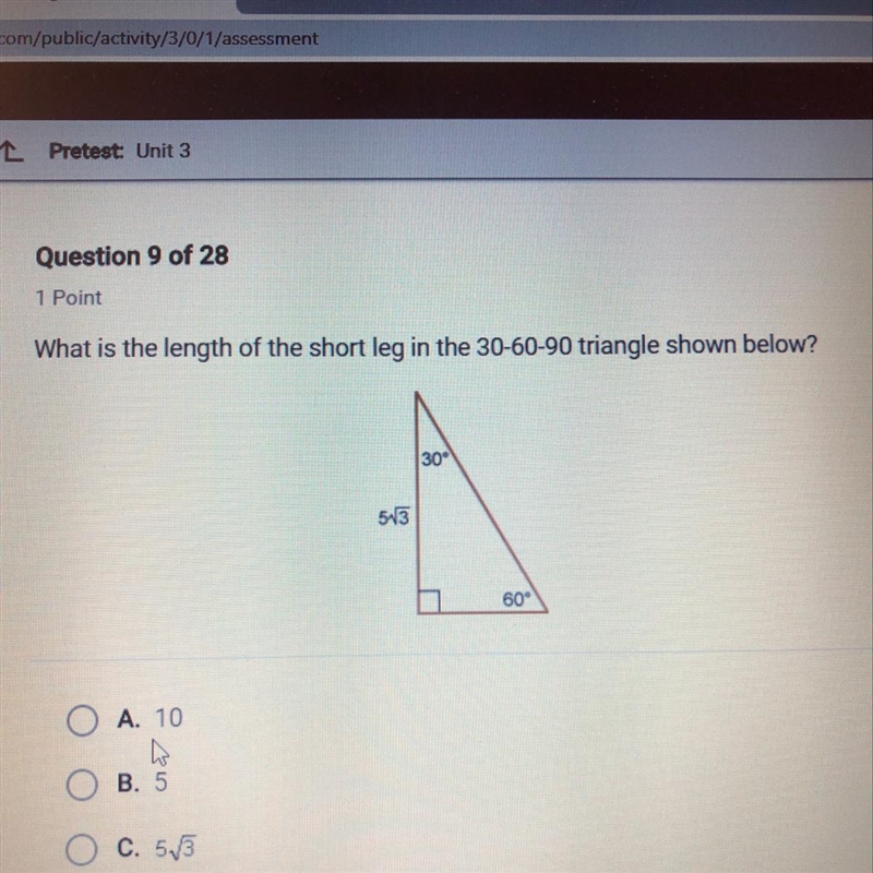 What is the length of the short leg in the 30-60-90 triangle shown below?-example-1