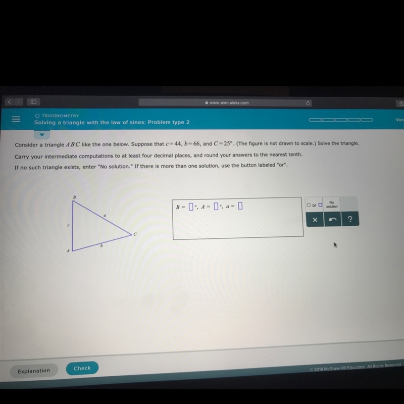 Please help me I have to solve the triangle with the law of sines-example-1