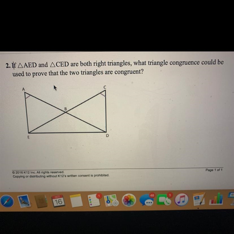 If AED and CED are both right triangles, what triangle congruence could be used to-example-1