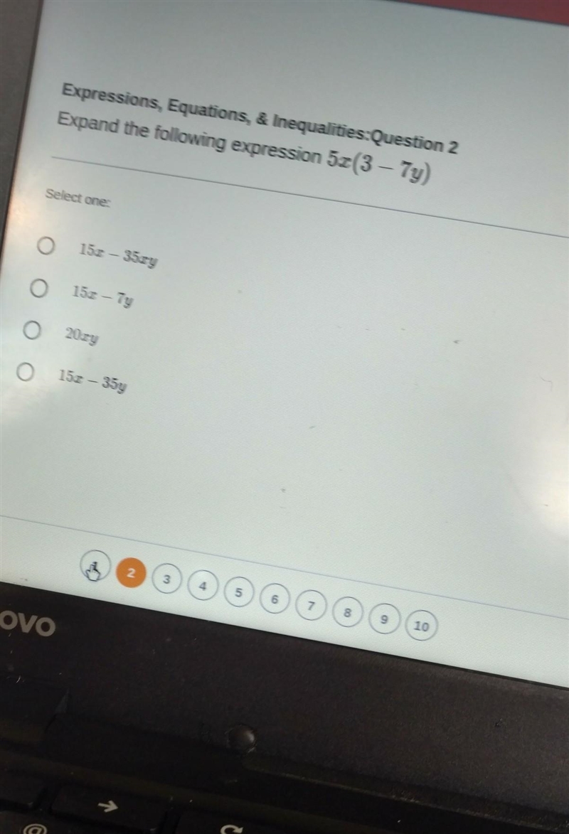 S, & nequalties:Question 2 Expand the following expression 5x(3 - 7y) Select one-example-1