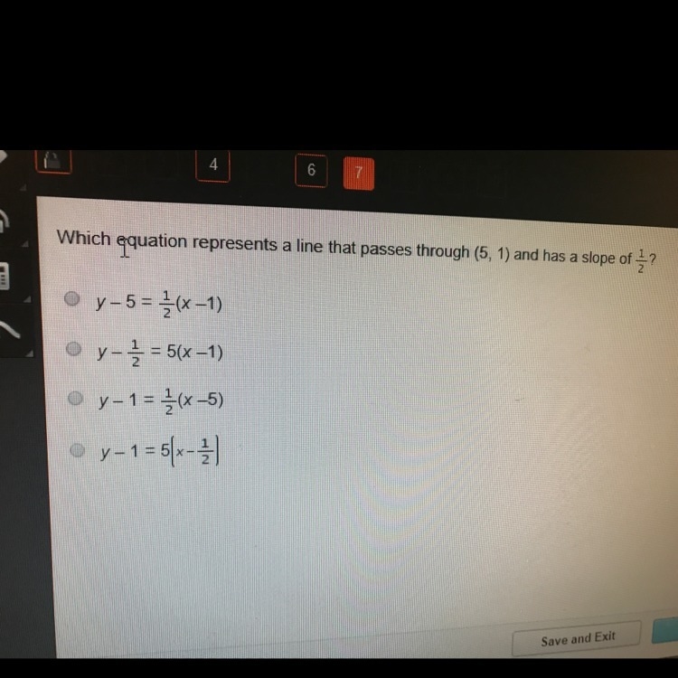 Which equation represents the line that passes through (5 , 1) and has a slope of-example-1