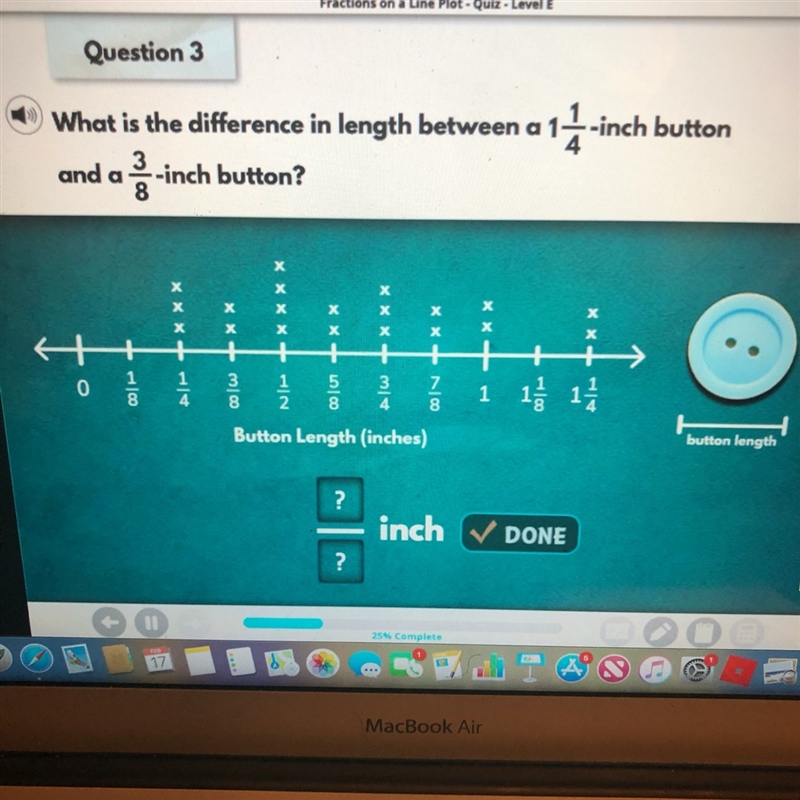 What is the difference in length between a 1 1/4 -inch button and a 3/8- inch button-example-1