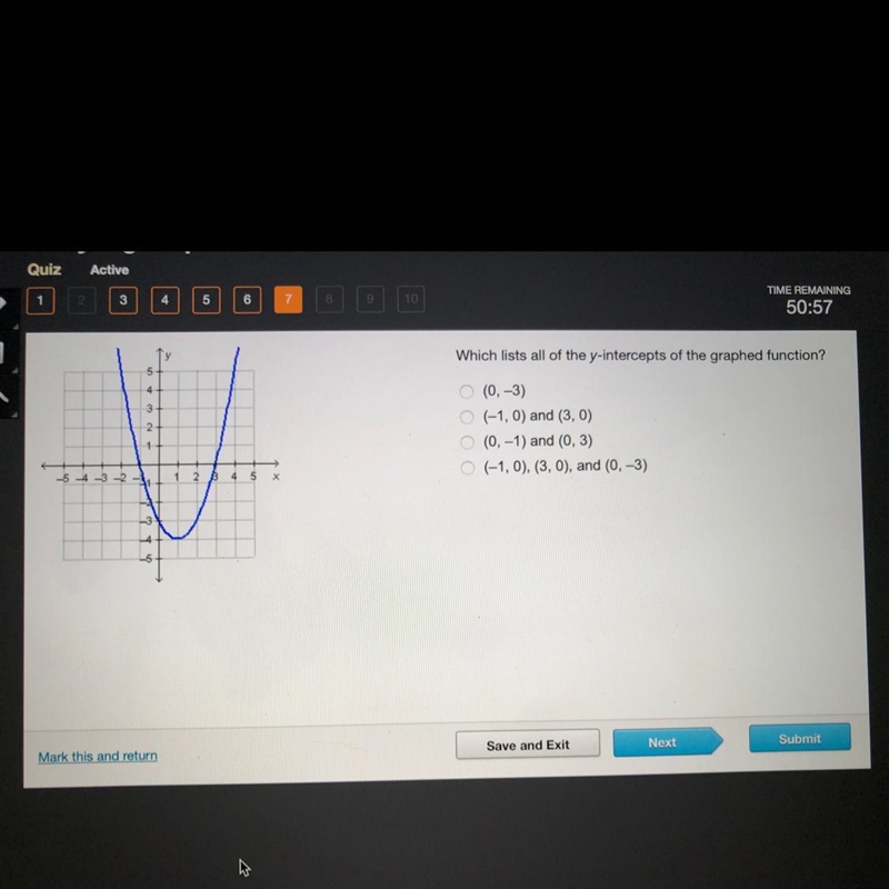 Which lists all of the y-intercepts of the graphed function? 0 (0, -3) (-1,0) and-example-1