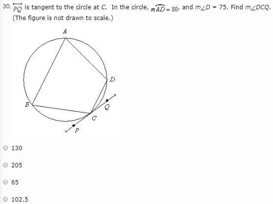 PQ is tangent to the circle at C. In the circle, m (The figure is not drawn to scale-example-1