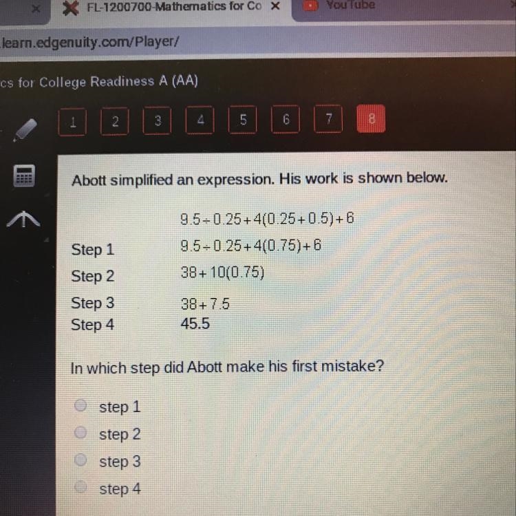 Abott simplified an expression. His work is shown below.-example-1