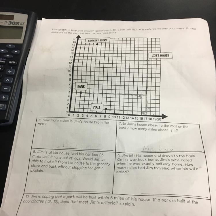 Use graph to help you answer questions 6-10. Each unit on the graph represents 0.75 miles-example-1