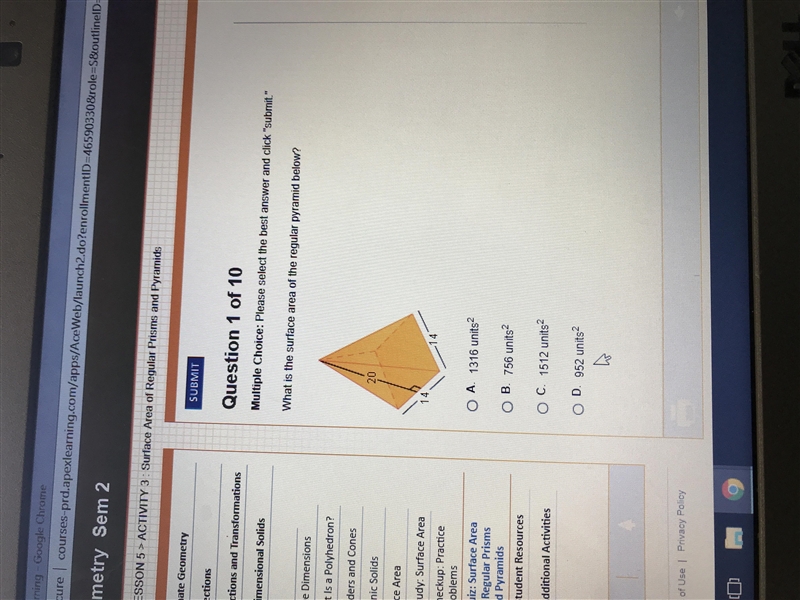 Geometry semester 2 ; what’s the surface area of the regular pyramid below ?-example-1