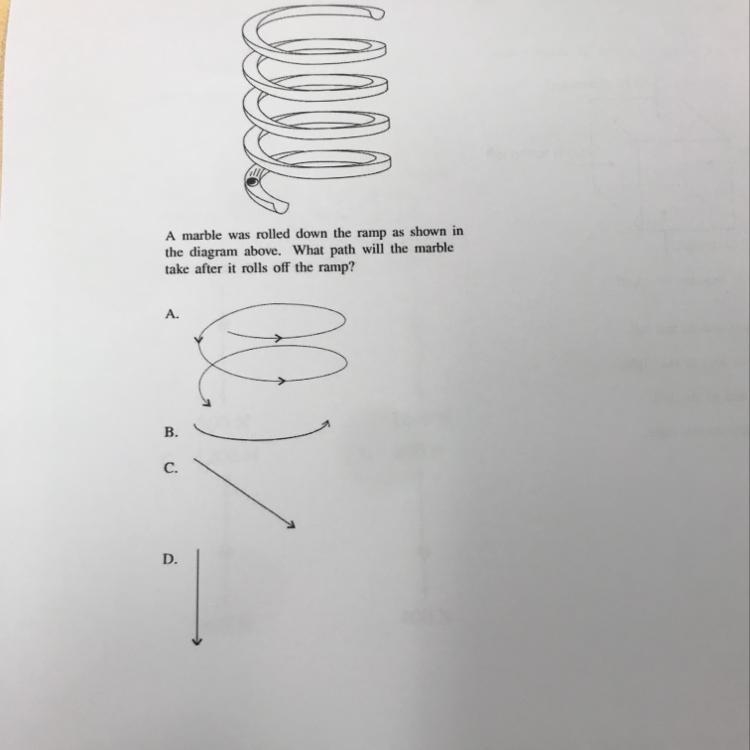 A marble was rolled down the ramp as shown in the diagram above. What path will the-example-1