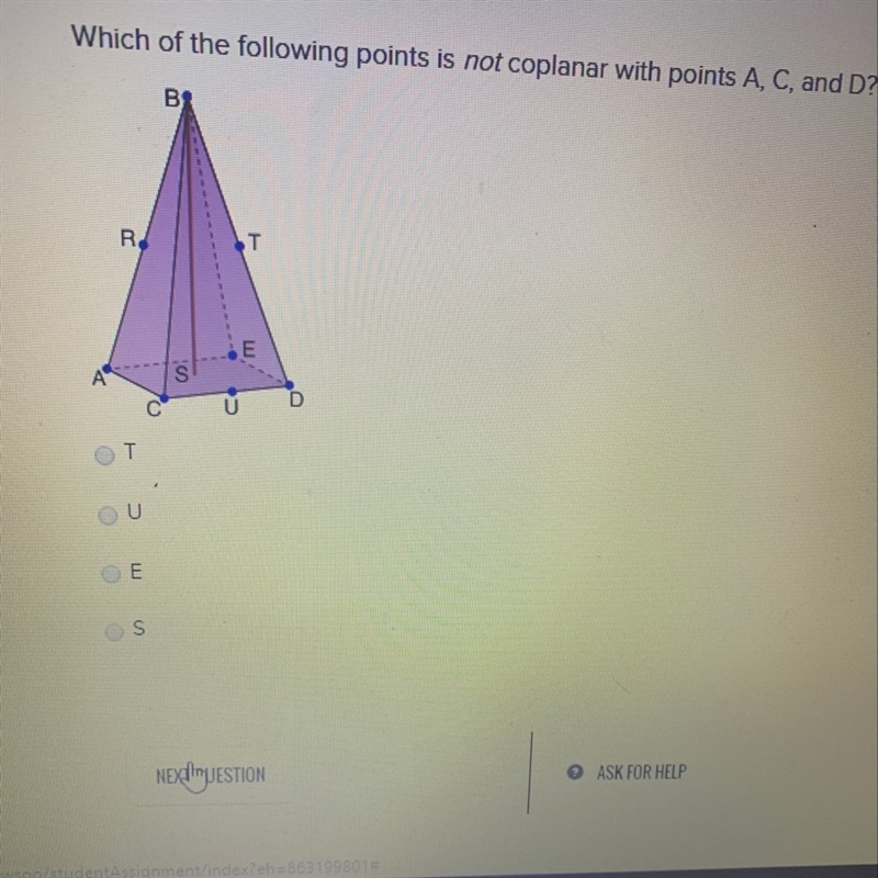 Which of the following points is no coplanar with points A,C, and D-example-1