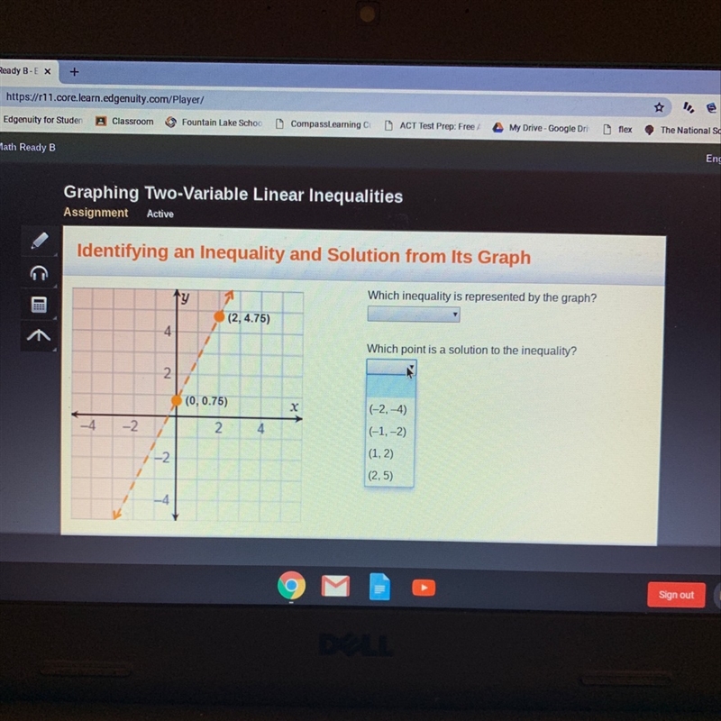 Which inequality is represented by the graph? Which point is a solution to the inequality-example-1