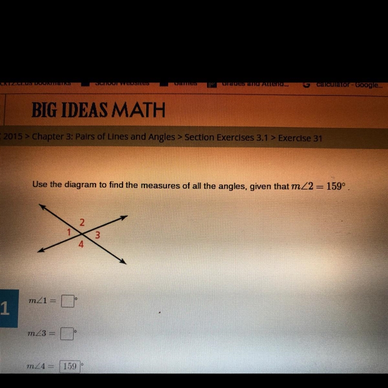 Use the diagram to find the measures of the angles, given that m<1= 159 degrees-example-1