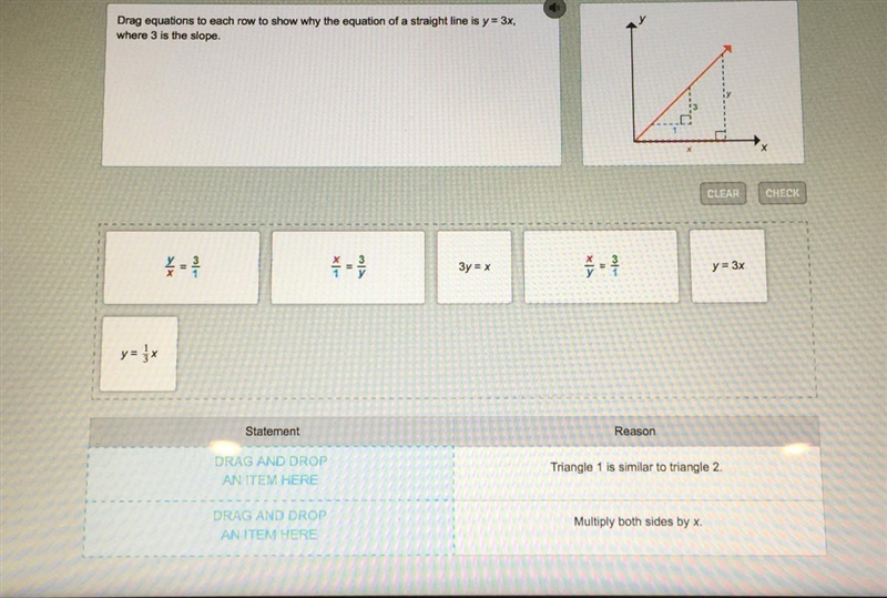 Drag equations to each row to show why the equation of a straight line is y=3x where-example-1