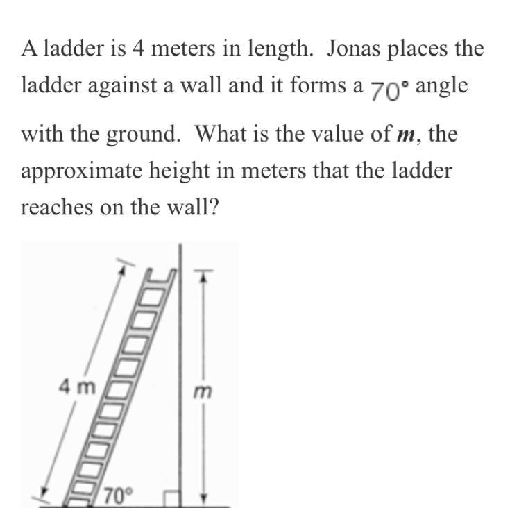 A ladder is 4 meters in length. Jonas places the ladder against a wall and it forms-example-1