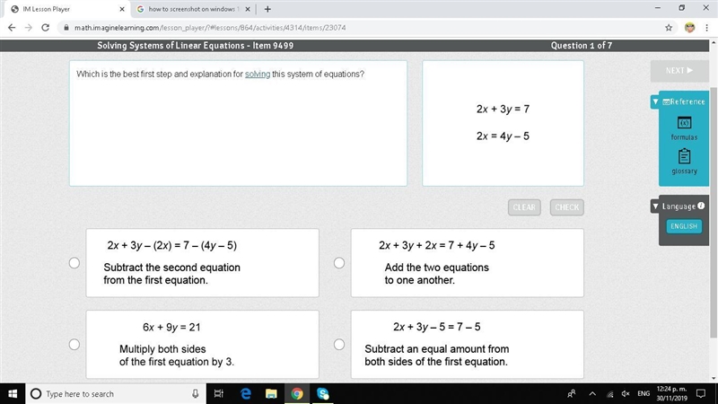 Which is the best first step and explanation for solving this system of equations-example-1