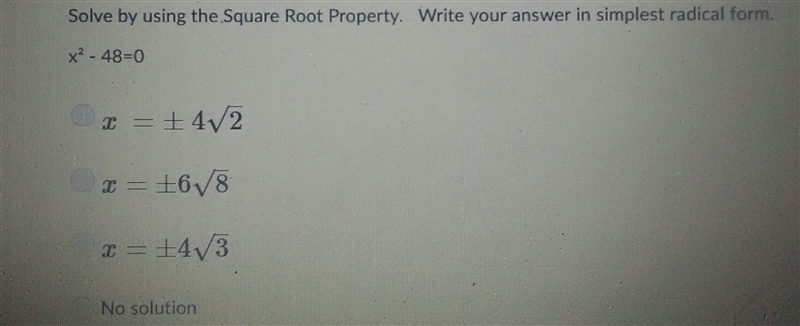 Solve by using the square root property. Write your answer in simplest radical form-example-1