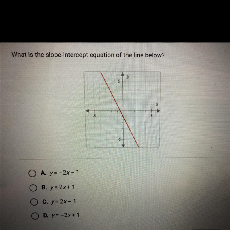 What is the slope-intercept equation of the line below? А. y=-2х - 1 В. y= 2х+1 C-example-1