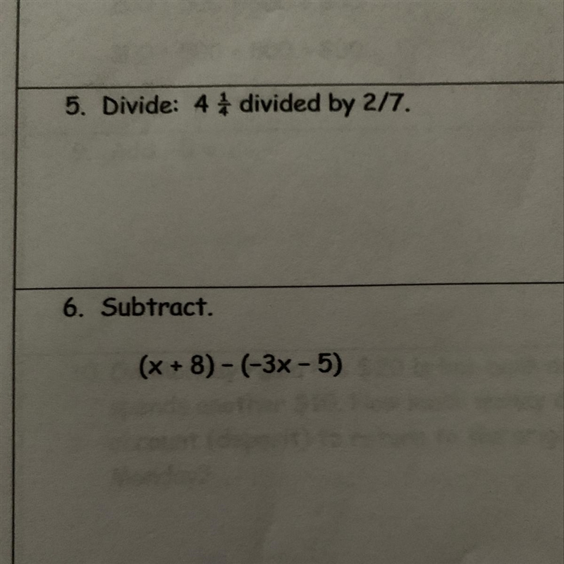 4 1/4 divided by 2/7 (x+8)-(3x- 5) Explain how you got the answer!!!!!-example-1