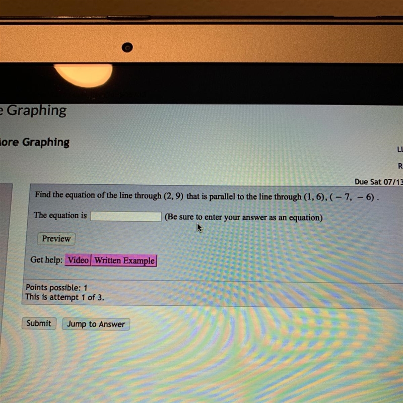 Find the equation of the line through (2,9)(1,6)(-7,-6)-example-1