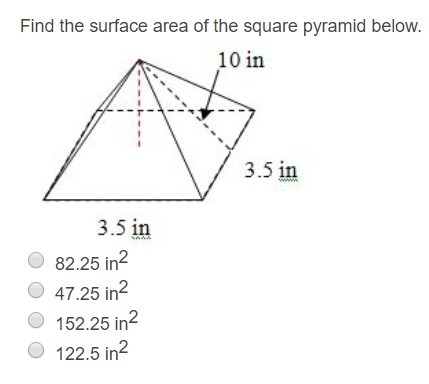 Question 1. Find the surface area of the square pyramid below. Question 2. Find the-example-1