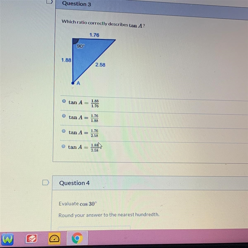 Which ratio correctly describes Tan A-example-1