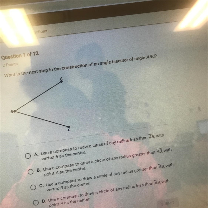 What is the next step in the construction of an angle bisector of angle ABC?-example-1