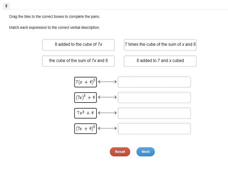 10 Points! Drag the tiles to the correct boxes to complete the pairs. Match each expression-example-1