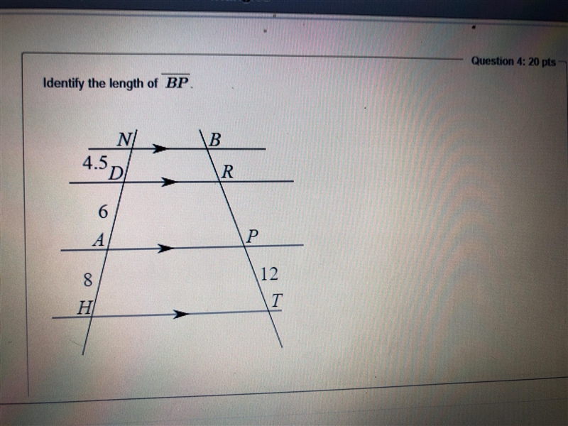 Identify the length of line BP A) 9.75 B) 6.75 C) 15.75 D) 9-example-1