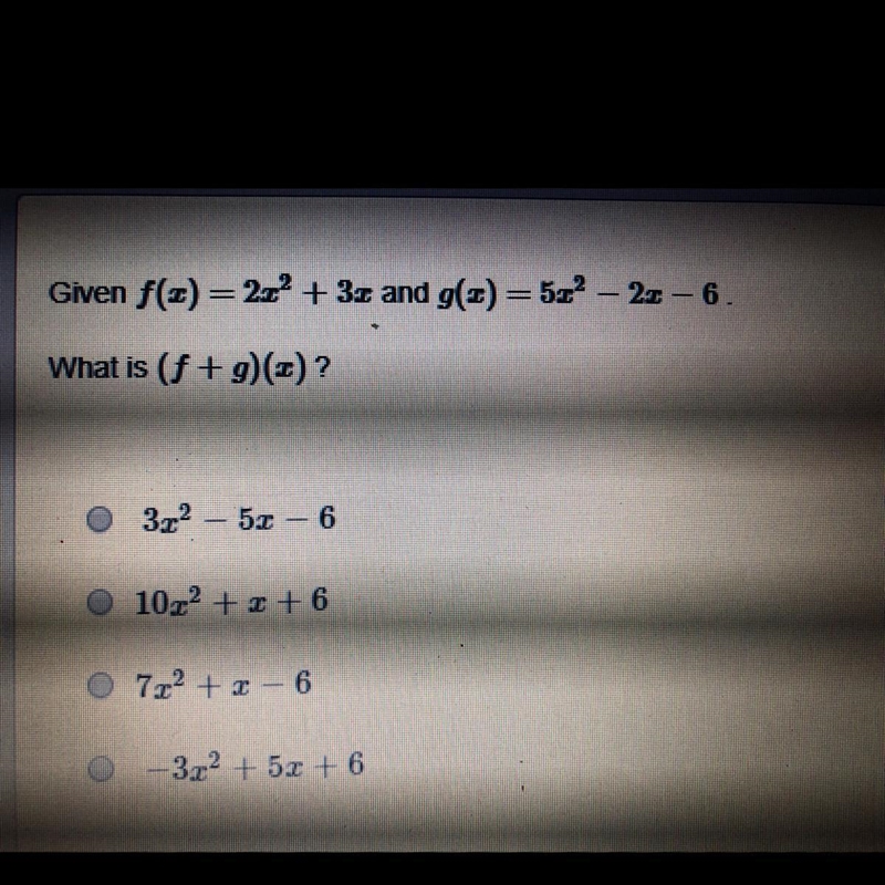 Given f(x) = 2x^2 + 3x and g(x) = 5x^2 - 2x -6-example-1