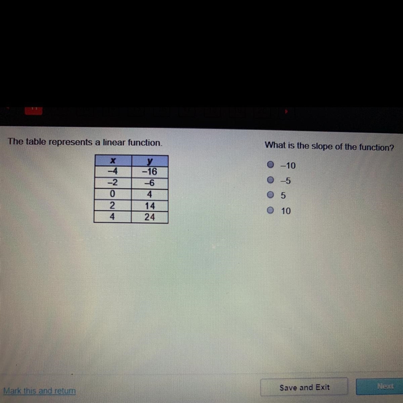 What is the slope of the function? -10, -5, 5, 10-example-1