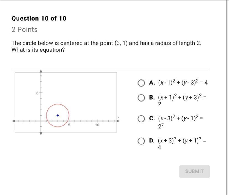 The circle below is centered at the point (3,1) and has a radius length of 2.What-example-1