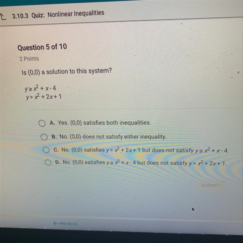 Is (0,0) a solution to this system?-example-1