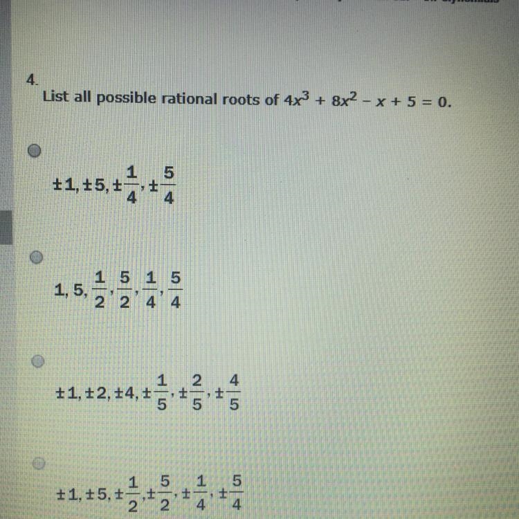 List all possible rational roots!!! HELP PLEASE!!! A-B-C-D?-example-1