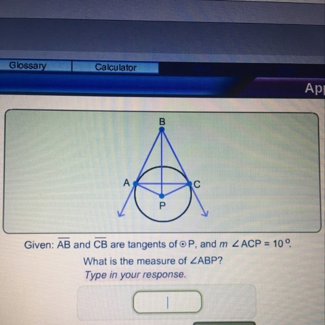 Given ab and cb are tangents of p, and m =10°. What is the measure of abp?-example-1