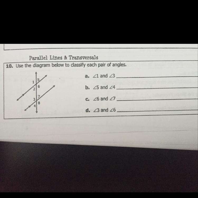 Use the diagram below to classsify each pair of angles.-example-1