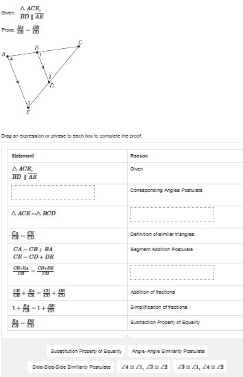 Drag an expression or phrase to each box to complete the proof.-example-1