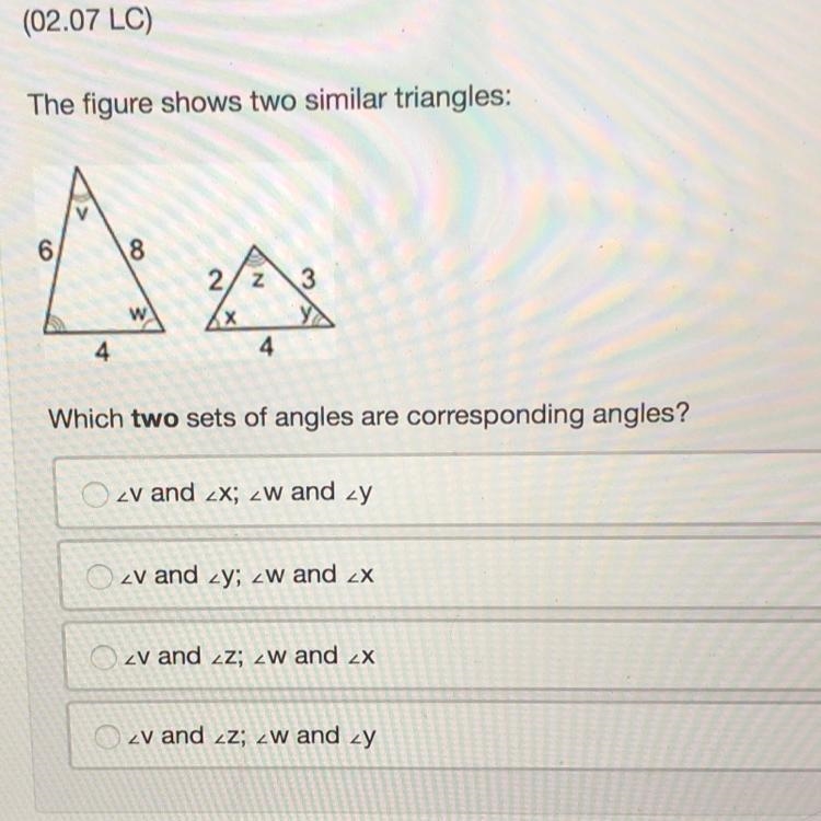 The figure shows two similar triangles: Which two sets of angles are corresponding-example-1