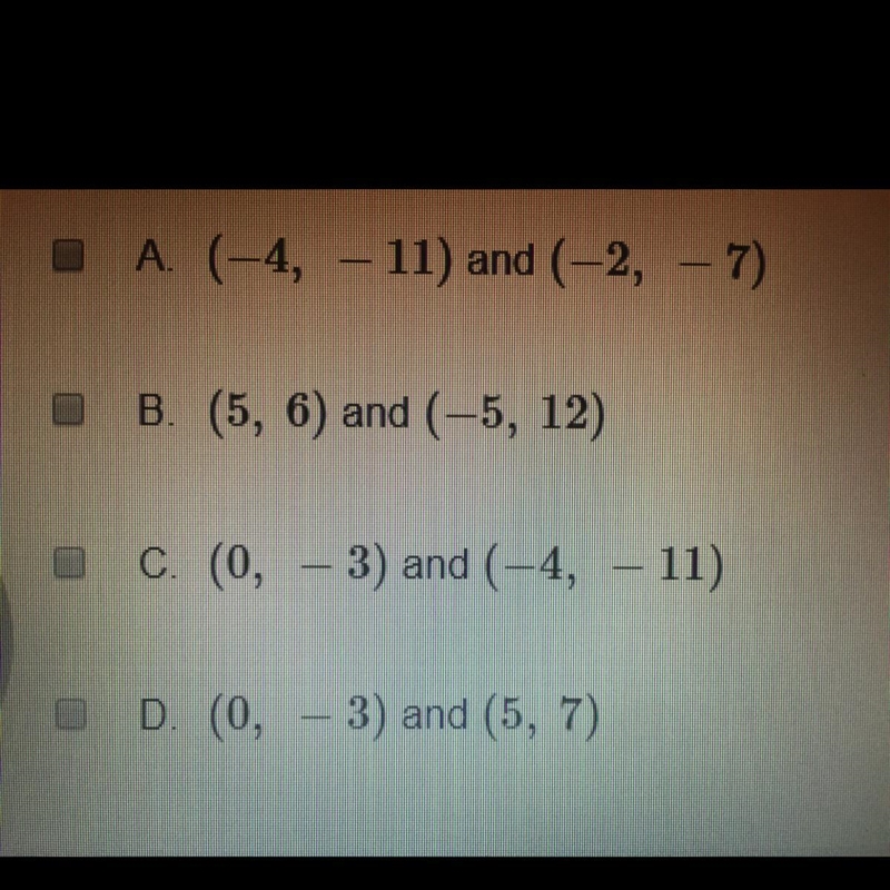 Which pairs of points would result in a line with a rate of change of 2:1? Select-example-1