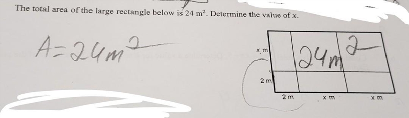 The total area of the large rectangle is 24m2. Determine the value of x​-example-1