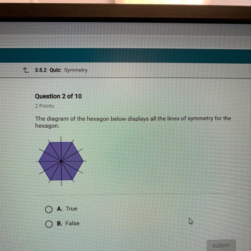 The diagram of the hexagon below displays all the lines of symmetry for the hexagon-example-1