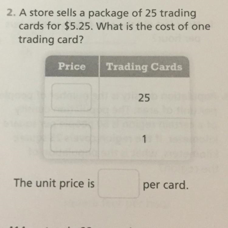 A store sells a package of 25 trading cars for $5.25. What is the cost of one trading-example-1