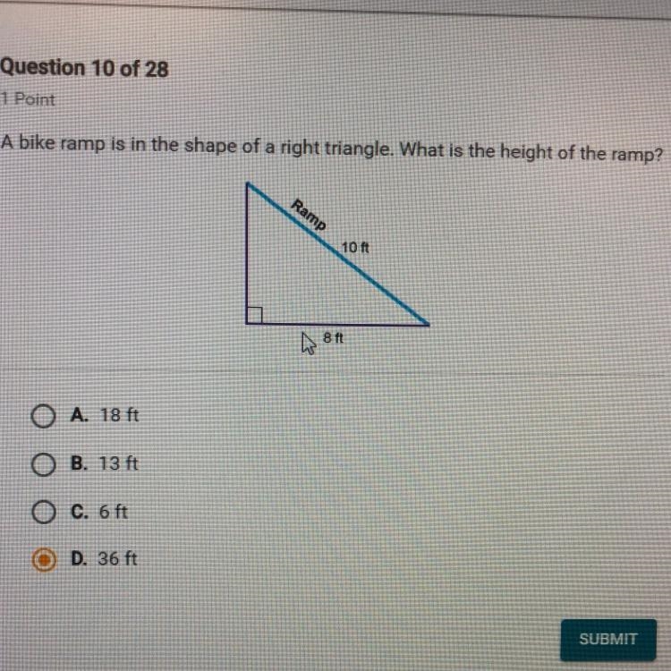 A bike ramp is in the shape of a right triangle. What is the height of the ramp?-example-1