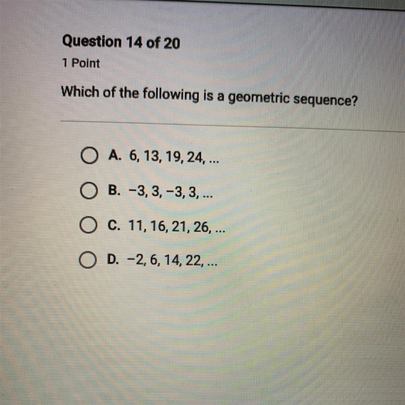 Which of the following is a geometric sequence? Help pleaseee!-example-1