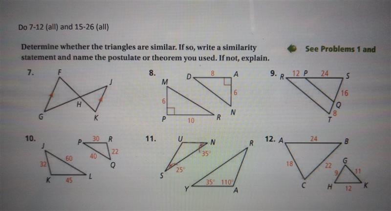 Determine whether the triangles are similar. if so, write a similarity statement and-example-1