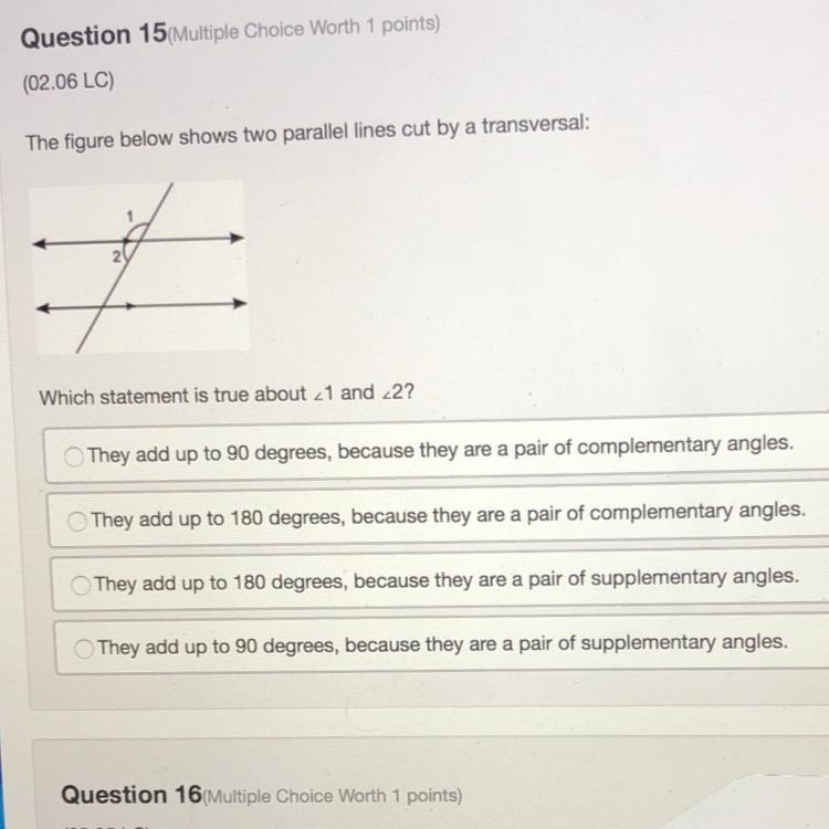 The figure below shows two parallel lines cut by a transversal: Which statement is-example-1