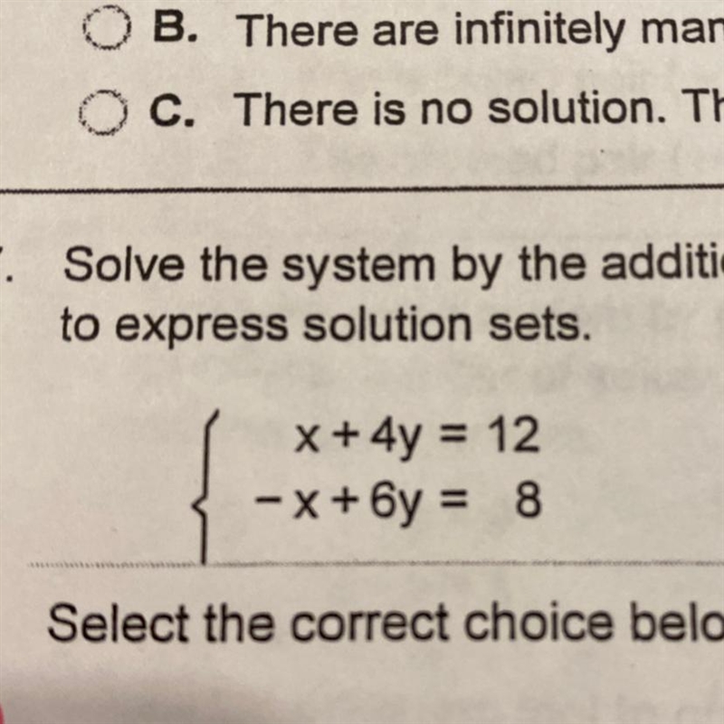 X+4y=12 -x+6y=8 Addition method-example-1