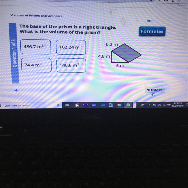 The base of The prism is a right Triangle what is The volume of The prism-example-1