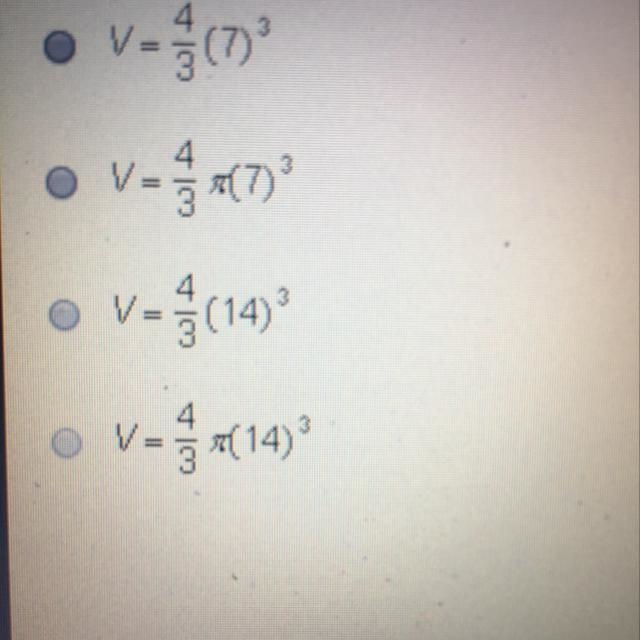 A sphere has a diameter os 14 ft. Which equation finds the volume of the sphere?-example-1